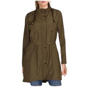 Badgley Mischka Olive Green Cinch Waist Knee Length Spring Utility Jacket